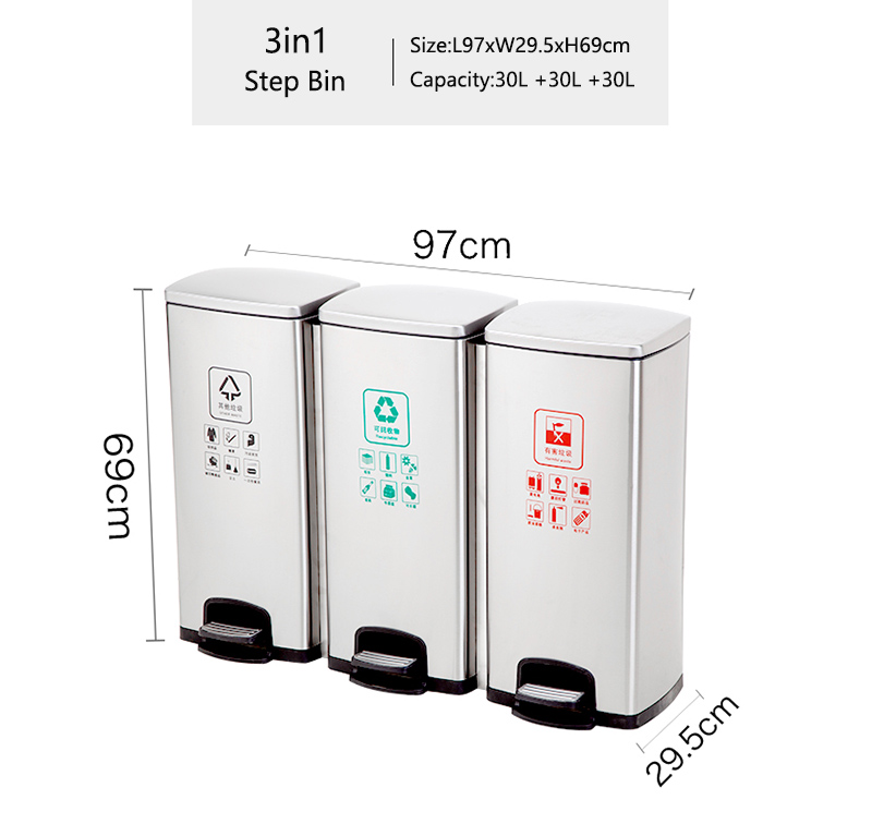 Poubelle de recyclage en acier inoxydable à double compartiment 30L + 30L pour la cuisine, le bureau, la maison - Ouverture et fermeture silencieuses et douces